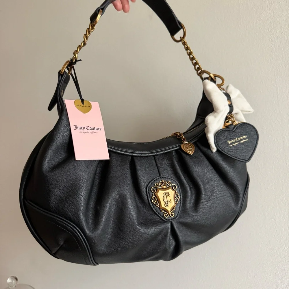 Juicy Couture Black Hobo Bag Gold Crest Charm Y2K Shoulder Purse